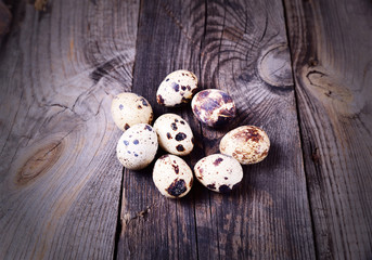 Quail raw eggs in shell on a gray wooden surface