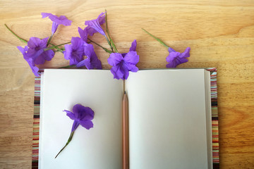 beautiful purple flowers, notebook paper in vintage style. pastel filter.