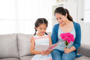 mother and daughter sitting on sofa in living room