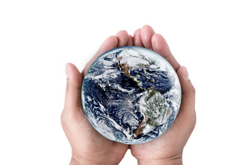 Hands holding earth on white background. Elements of this image furnished by NASA