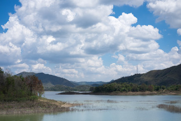 Fototapeta na wymiar sky, cloud and ground front of lake Kaeng Krachan tourist area in Thailand. this image for landscape, tourist area and nature concept