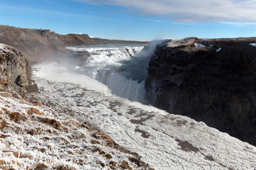 Gullfoss waterfall located in the canyon of the Hvita river in southwest Iceland. It is one of the most popular tourist attractions in the country.
