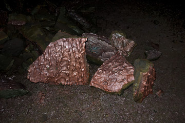 Stone patterns created by cooling lava in the Vidgelmir lava tube, located on the Hallmundarhraun lava field in west Iceland