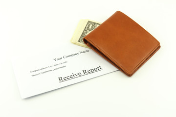 Brown wallet cash with receive report on a white background