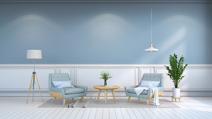 minamalist  interior room , Contemporary furnitur, light blue armchairs and wood table on white flooring and light  blue wall /3d render