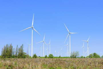 The big wind turbine farm with the blue sky