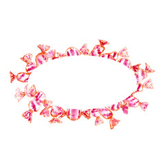 Candy in a red-pink striped wrapper. Watercolor frame on the white background.