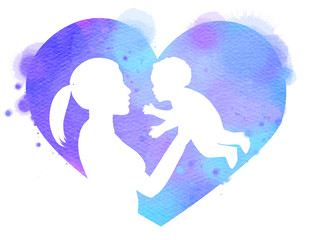 Double exposure illustration. Side view of Happy mother holding adorable child baby girl silhouette plus abstract water color painted. Digital art painting