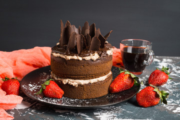 Chocolate cake on the rustic background. Selective focus.