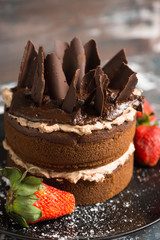 Chocolate cake on the rustic background. Selective focus.
