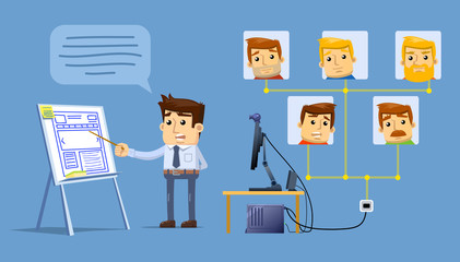 Illustration of online education process. Distance education concept, online conference. Cheerful businessman giving lesson through internet. Simple vector illustration