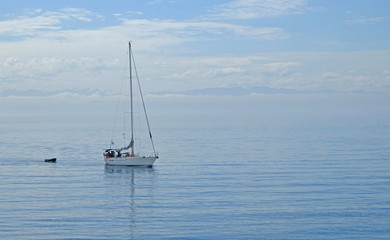 Obraz premium Sailboat gliding with calm blue ocean water with blue sky background and has copy space room