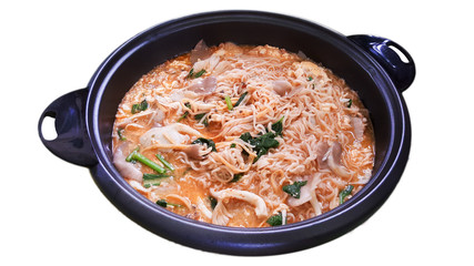 cooking instant noodles  in frying pan, famous food isolated on background