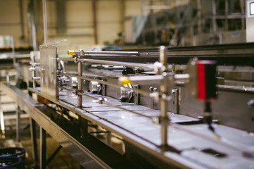 Beer production line. Equipment for the staged production and bottling of the finished product. Special industrial technological device at the factory