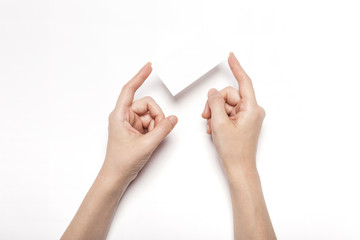 woman hand hold a name card isolated white.