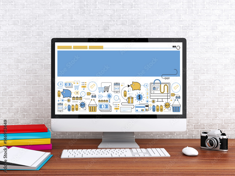 Poster 3d modern workspace with computer.