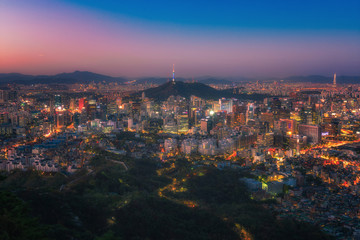 Seoul city and namsan tower skyline at night in Korea