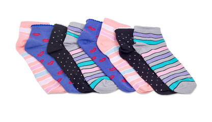 Several different women's socks laid out in a row