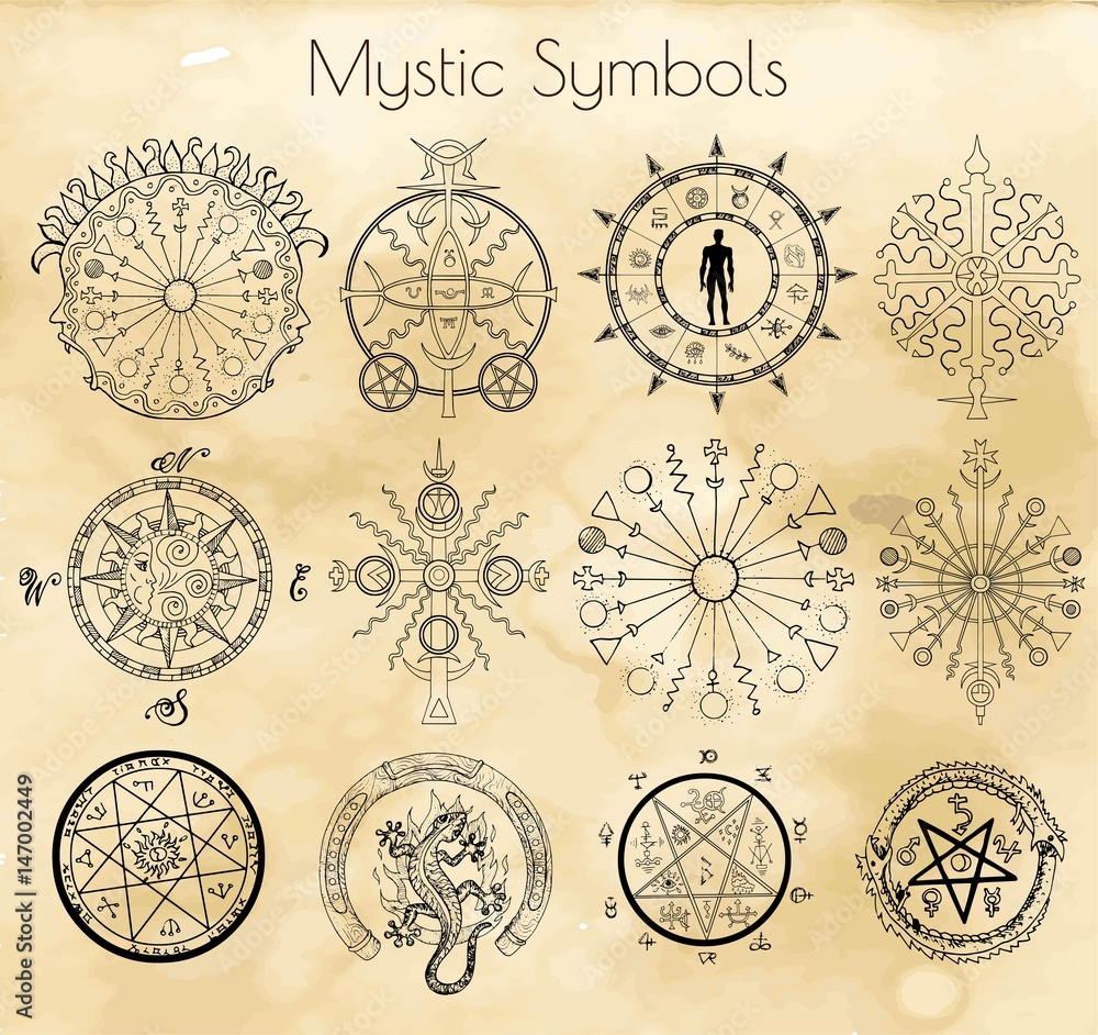 Wall mural big set with mystic symbols on textured background. hand drawn vector illustration