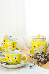 Elegant yellow tea set with floral ornament on aged wood table, bouquet of willows, spring, Easter brunch or tea party