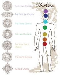 Set with graphic chakras and human silhouette. Hand drawn vector illustration