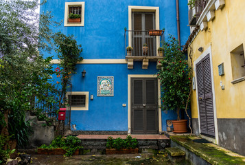 Blue residential building in Catania, Sicily Island of Italy