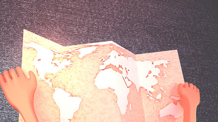 Cartoon hands holding world map. Vintage photo filter. 3d render picture.