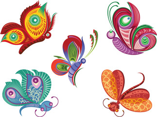 Vector color illustration of decorative butterfly and dragonfly