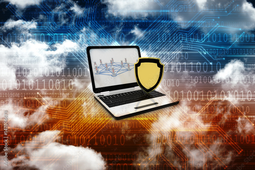 Poster laptop with shield. isolated 3d rendering image