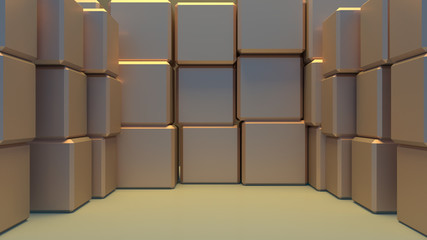 Metal cubes wall. Warehouse with stack of cardboard boxes. Concept of packaging and delivery. 3d render picture.