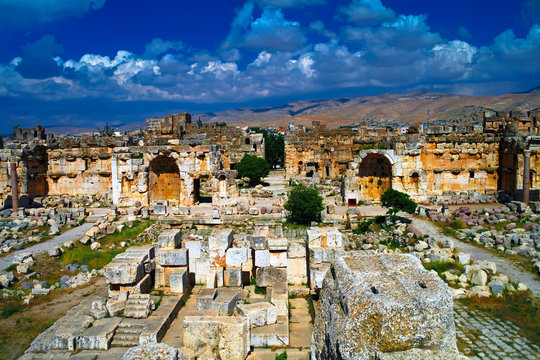 Ruins of Jupiter temple and great court of Heliopolis in Baalbek, Bekaa valley Lebanon