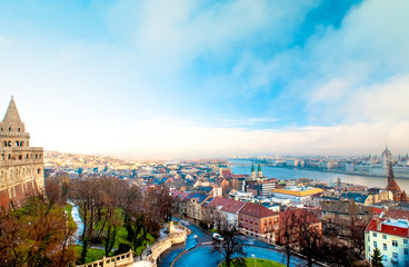 Obraz premium Budapest panoramic view from the Citadel with bridges and the Parliament