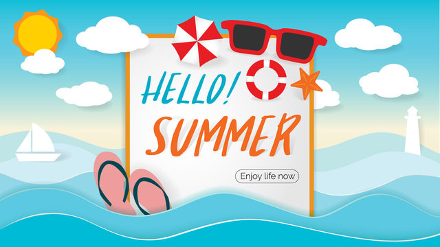 Summer Beach Party Design with template on ocean landscape background. Flat vector web banner on the theme of travel