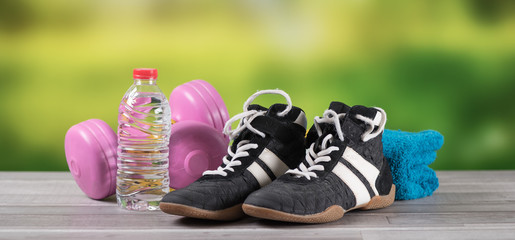 Fitness equipment on blurred background