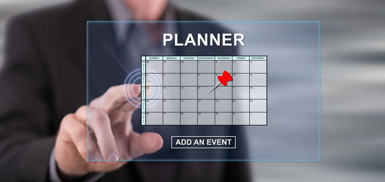 Man touching an event adding on planner concept on a touch screen