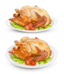 Roasted chicken isolated on white background