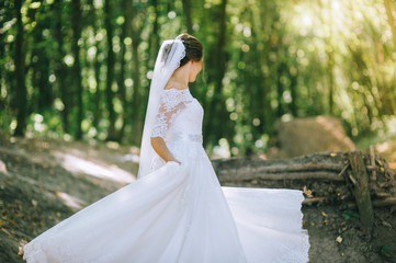 bridesmaid buttoning the dress on bride, details of beautiful lace wedding dress