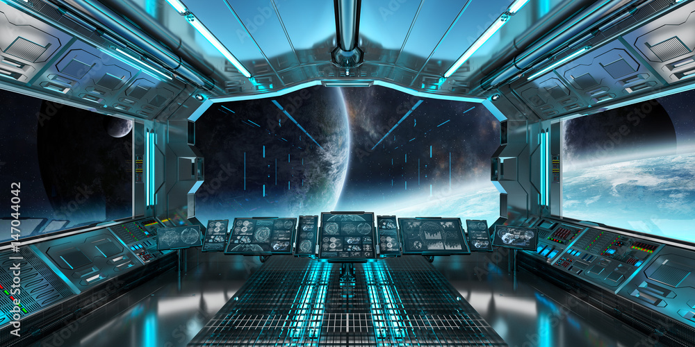 Aufkleber Spaceship interior with view on distant planets system 3D rendering elements of this image furnished by NASA