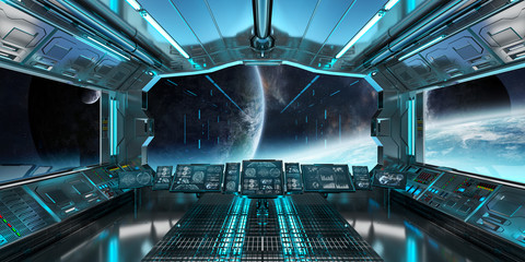 Naklejka premium Spaceship interior with view on distant planets system 3D rendering elements of this image furnished by NASA