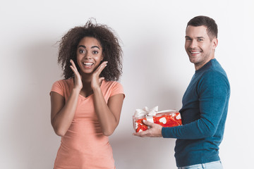 Young couple together isolated on white indoors