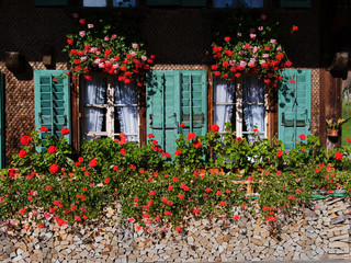 Fototapeta na wymiar Scheiterbeige unter Geranienfenster vor Bauernhaus in Wasen im Emmental Kanton Bern