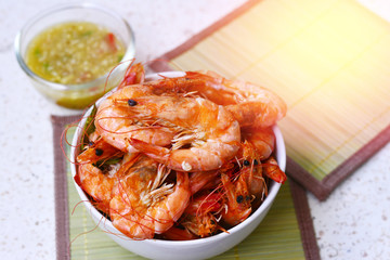 Shrimp boil on the dish and seafood sauce with softlight
