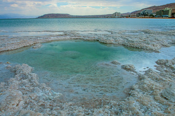 View of the Dead Sea crystalline salt formations