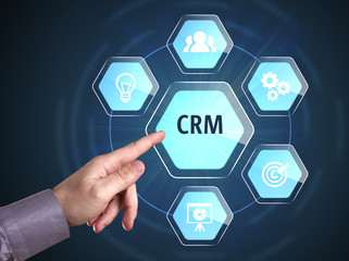 Business, Technology, Internet and network concept. Young businessman shows the word: CRM