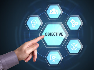Business, Technology, Internet and network concept. Young businessman shows the word: Objective