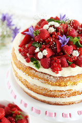 Delicious biscuit cake with berries on cake stand