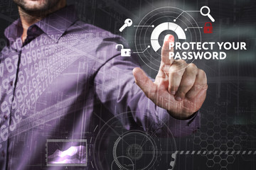 Business, Technology, Internet and network concept. Young businessman working on a virtual screen of the future and sees the inscription: Protect your password
