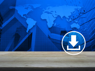 Download icon on wooden table over world map and modern city tower, Business internet concept, Elements of this image furnished by NASA