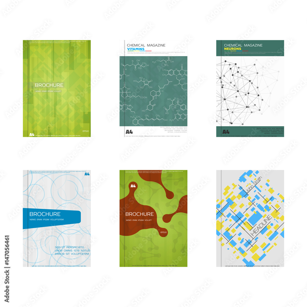 Poster set of book cover designs. abstract, geometric and science patterns. a4 format layout. eps 10. annua