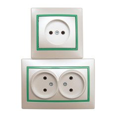 Single and double electrical outlet isolated on white background. Flat lay, top view